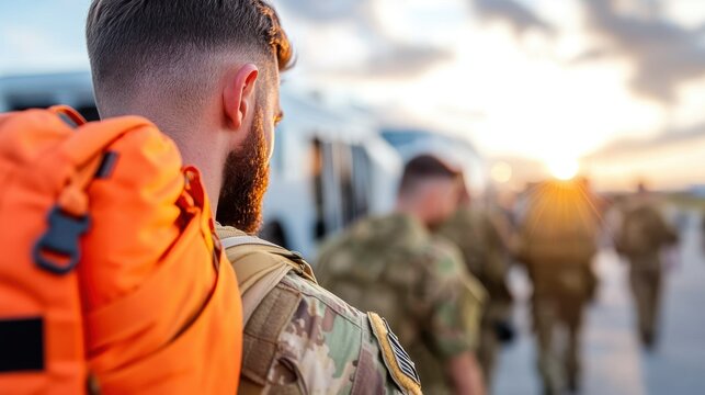 Soldiers preparing for deployment at dusk, embracing moments of farewell