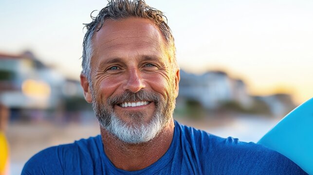 Joyful senior man surfing at sunset, embracing fitness and adventure