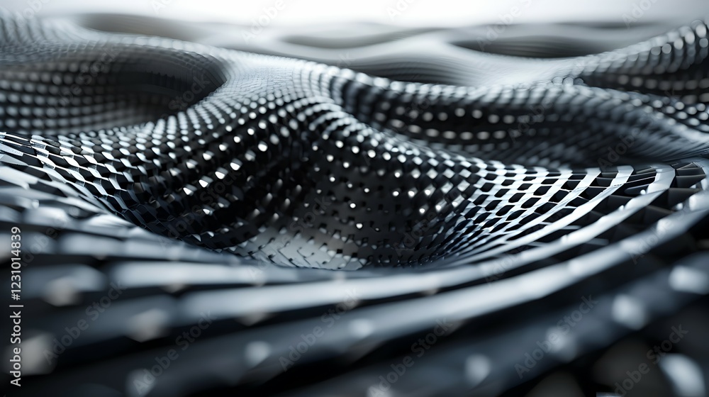 Poster abstract representation of interconnected lines and surfaces, emphasizing depth and texture.
