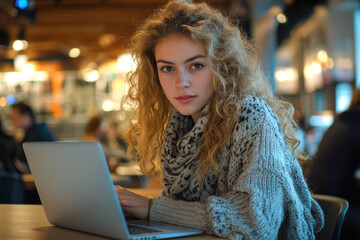 Woman sitting at table with laptop, deep in thought. Bookshelves in background, soft natural light filtering through window, creating a serene atmosphere.