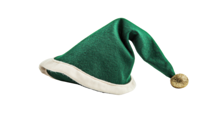 Classic green elf hat with golden pompom isolated on transparent background