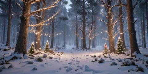 Snowy forest with twinkling lights and festive decorations , forest, holiday season, snow