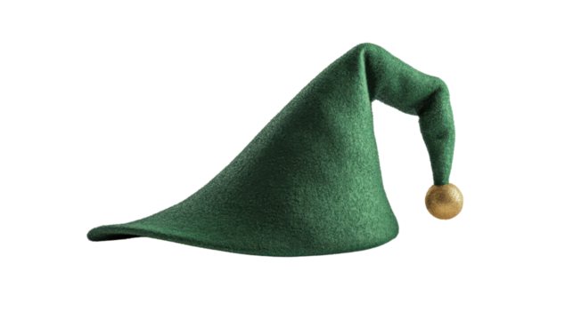 Green elf hat with golden pompom floating on transparent background