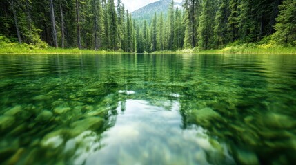 Beauty of nature reflected in crystal clear water surrounded by verdant forest