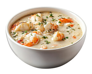 bowl of creamy seafood chowder filled with shrimp and herbs, perfect for comforting meal. This dish showcases rich texture and delightful flavors