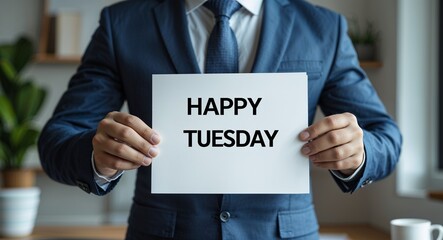 happy Tuesday text on plain white paper in hand on guy on formal suit business concept background