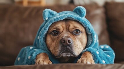 Dog dressed in cozy blue costume displays adorable expression at home
