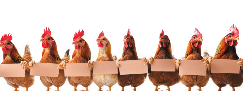Chickens holding tiny banners, isolated on transparency background, create humorous and whimsical scene. Their vibrant feathers and expressions add charm to this playful image