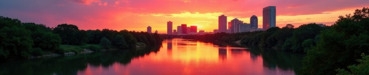 Obraz premium River landscape with Colorado River flowing under Austin Texas skyline at sunset, skyline, sunset, canyon lakes