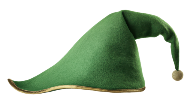 Green elf hat with gold trim isolated on transparent background