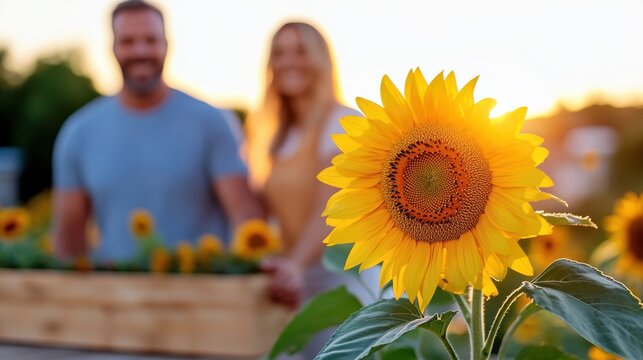 In a radiant sunflower field, a couple strolls hand in hand during golden hour