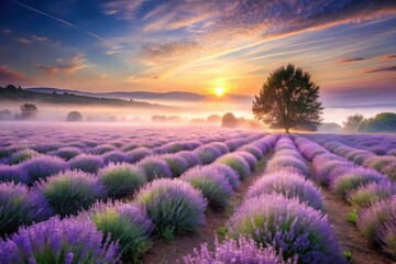 Softly glowing lavender mist rises from a tranquil landscape at dawn, natural, landscape, serene, dawn, fog