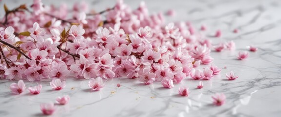 Fototapeta premium Soft pink cherry blossom petals scattered on a white marble background, elegant decor , gentle hues, pastel colors