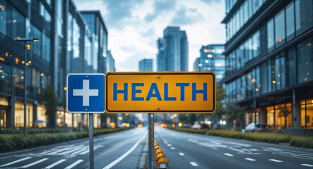 Obraz premium health text on road sign in middle of modern business city background