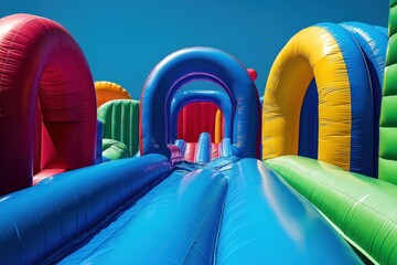 Colorful inflatable obstacle course beckons with its bright blue slides and playful arches