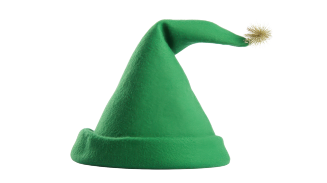 Green elf hat with golden pompom isolated on transparent background