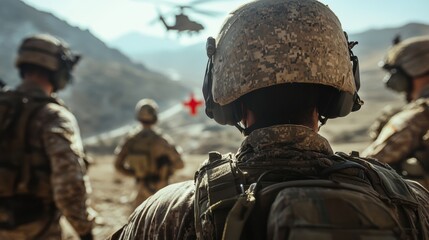 Military forces conduct airborne operations in rugged terrain during training