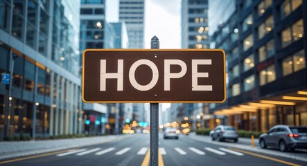 Obraz premium hope text on road sign in middle of modern business city background
