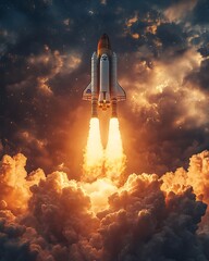 Fototapeta premium A futuristic spacecraft lifting off from a launch pad, surrounded by intense clouds of smoke and fire, symbolizing human advancement in space technology