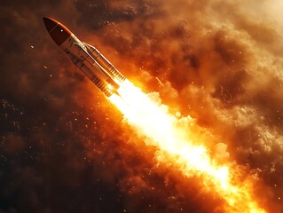 Obraz premium A moment of liftoff captured from below, showing the sheer force of a space vehicle as it ascends, with flames and smoke creating a high-energy visual impact