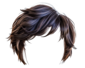Layered shaggy wig with dark brown and blue highlights, isolated on transparency background, perfect for stylish looks and creative hairstyles