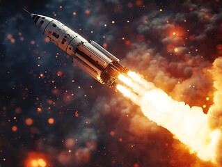 Obraz premium A moment of liftoff captured from below, showing the sheer force of a space vehicle as it ascends, with flames and smoke creating a high-energy visual impact