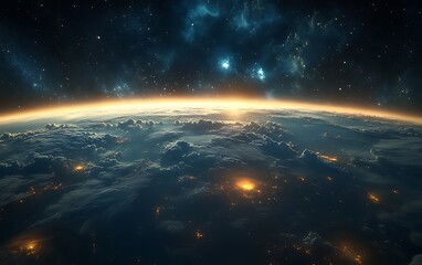 Obraz premium A wide-angle perspective of Earth floating in the vastness of space, with a glowing atmosphere separating it from the dark void