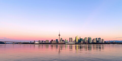 Panoramic view of Montreal skyline during sunset with reflection in the calm waters of a lake or river, soft pastel hues dominating the sky, peaceful, calm, architecture
