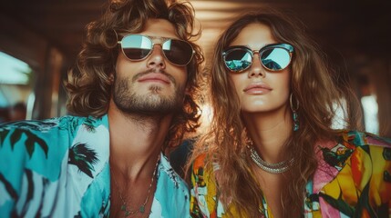 Retro couple ready to dance in vibrant 70s fashion