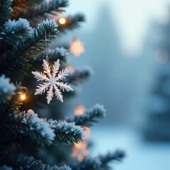Sparkling snowflakes cling to branches of a frosty Christmas tree, snowflake, decorations