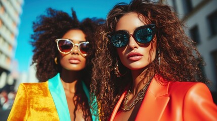 Two fashionable women showcase their unique styles in a sunlit urban setting
