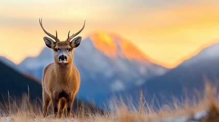 Majestic deer stands proudly against a backdrop of vibrant mountains