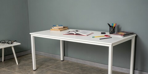 Plain white table against a dull grey wall with a few scattered books and office supplies, white, wall