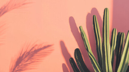 Cactus casting shadow on pink wall background