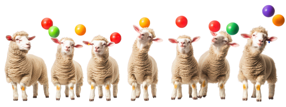 Group of sheep juggling colorful balls, showcasing playful and whimsical behavior. This fun scene captures joy and creativity of animals in lighthearted manner