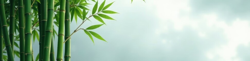 Tall bamboo stalks leaning against the grey cloudy background, natural, bamboo
