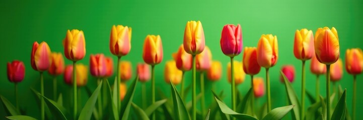Tall colorful tulips against a green backdrop, tall tulips, garden, landscape