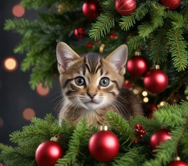 Obraz premium Playful tabby kitten peeking out from behind a low-hanging Christmas tree branch loaded with shiny red baubles, christmas tree branches, colorful decorations