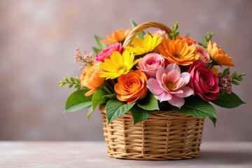 Obraz premium A colorful arrangement of flowers is placed in a straw basket, gift, hampers