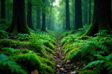 Obraz premium A dark green forest floor covered in ferns and moss, nature, ferns, dark grass wallpaper