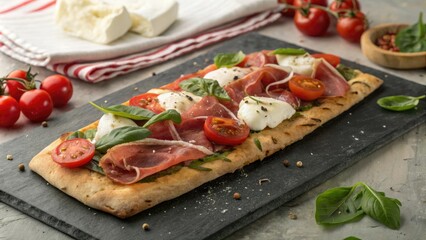 Prosciutto and basil flatbread topped with mozzarella cheese and cherry tomatoes on a rustic stone table, mozzarella cheese, flatbread, rustic stone table, basil