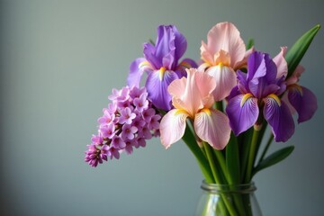 Fototapeta premium A delicate lilac branch is intertwined with a bunch of colorful irises in a vase, florist, blooms, flowers