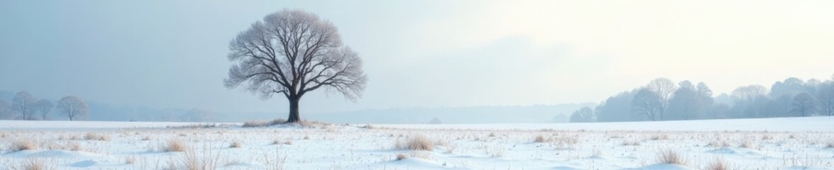 Fototapeta premium A lone tree in a snow-covered farm field with bare trees surrounding it, frozen, barren, frosty