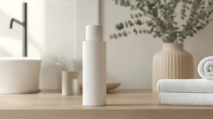 A mockup of an all-white, blank cosmetic bottle with no label, sitting on top of a wooden table in the bathroom next to towels and vases