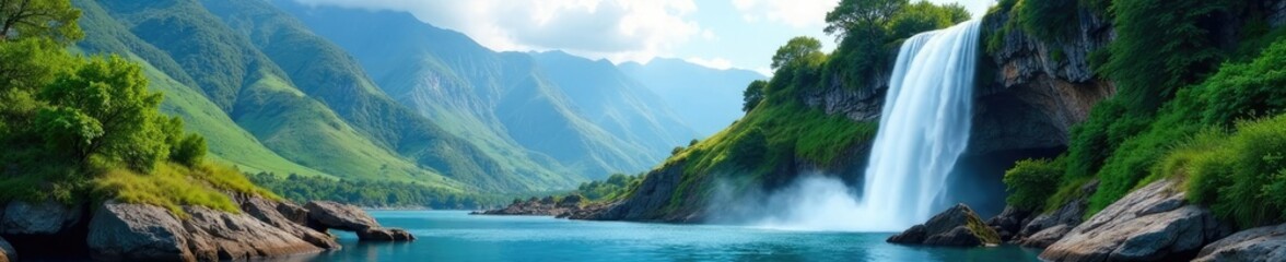 Obraz premium A majestic waterfall cascading down a rocky cliff amidst the surrounding mountains, calm, serenity