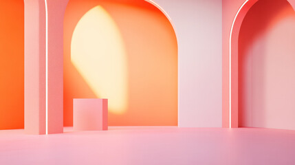 Fototapeta premium Minimalist pink and orange interior with arches