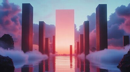 Fototapeta premium Futuristic Cityscape at Sunset with Tall Buildings and Pink Portal