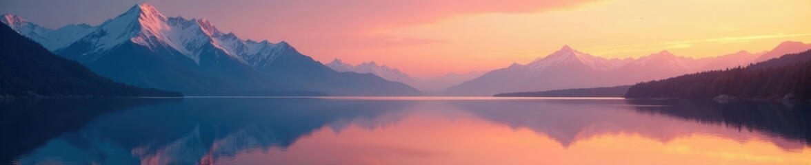 Obraz premium A serene white striped mountain landscape reflected in the calm lake at sunset, peaceful, sunset, serene