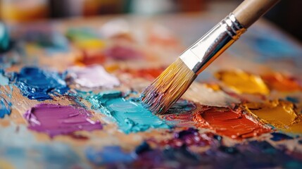 Fototapeta premium Vibrant artist palette in close up, a brush dancing among rich colors