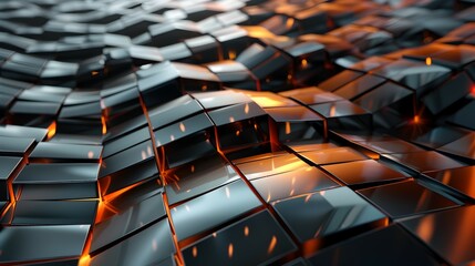Abstract 3D surface with glowing orange highlights and reflective black cubes.